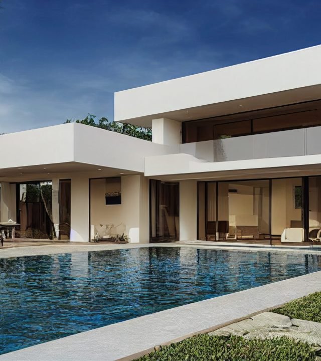 Luxury pool villa spectacular contemporary design digital art real estate , home, house and property, Generative AI illustration.